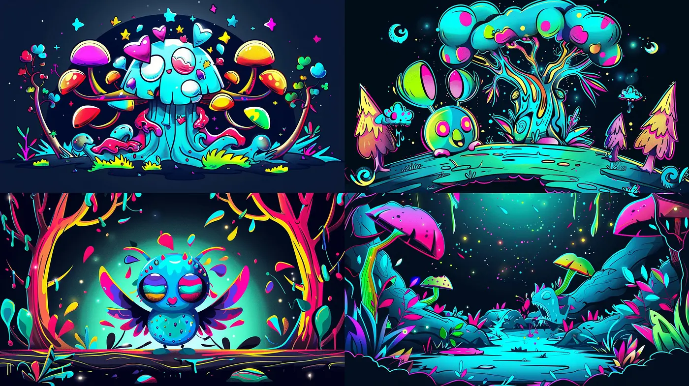 Vibrant Neon Wilderness: A Synthesis of Luminous Fauna and Flora in a Dreamlike Landscape - Midjourney sref style