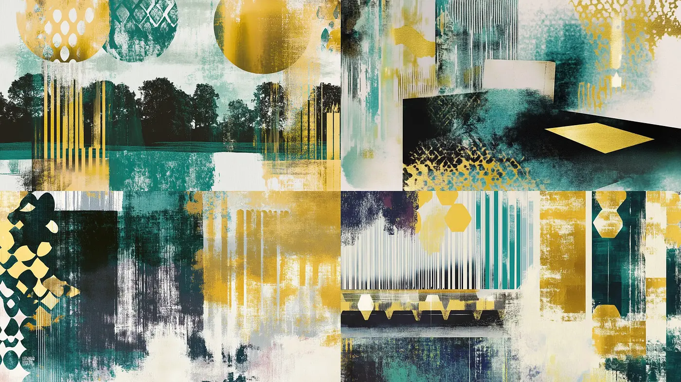 Abstract Teal and Mustard Melancholy Medley - Midjourney sref style