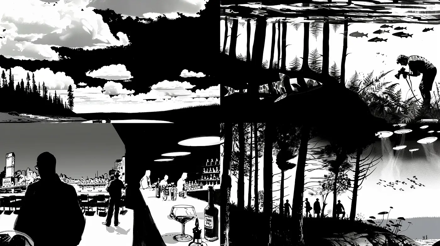 Monochromatic Splendor in Stylized Contrasts: A Journey Through Abstract Narratives and Silhouetted Moments - Midjourney sref style