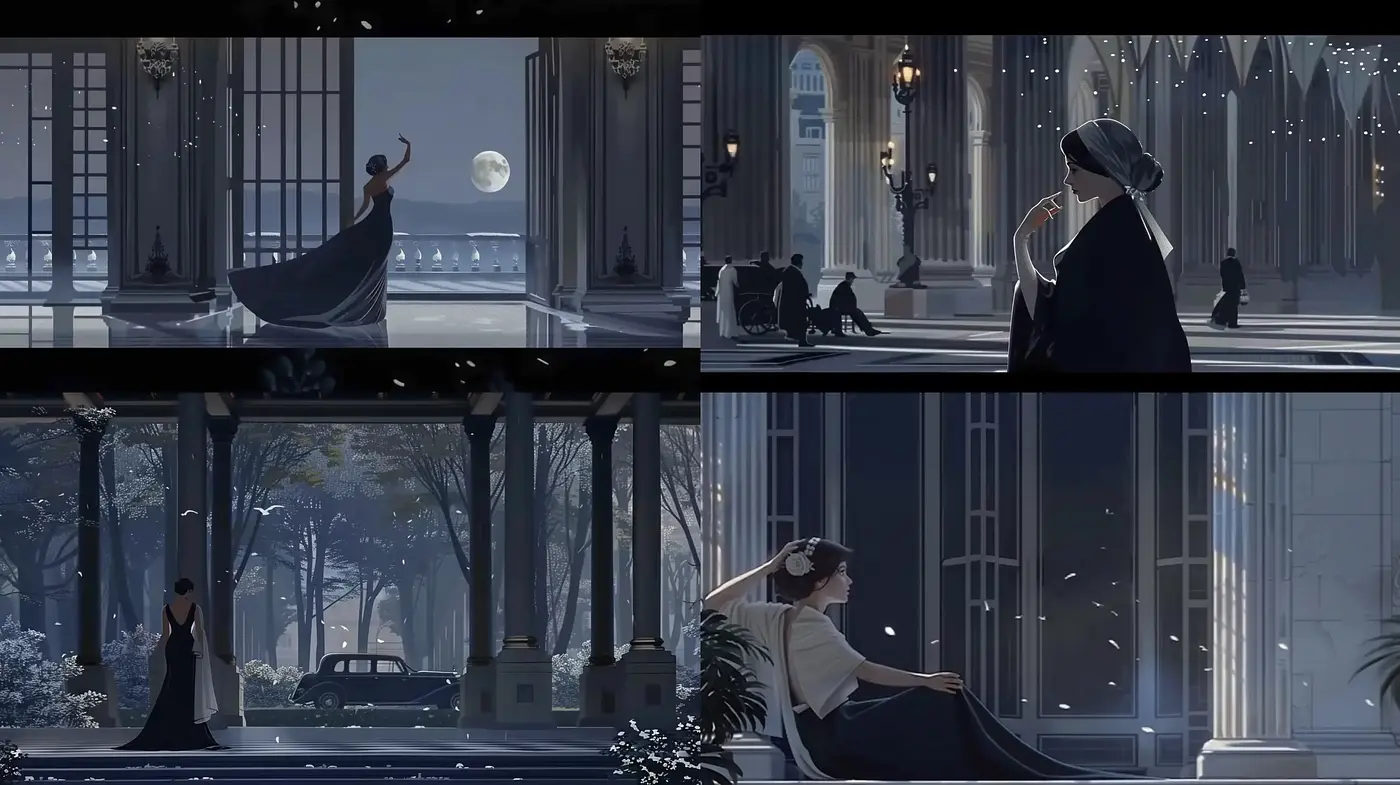 Majestic Nocturne Elegance in Monochromatic Illustration - Midjourney sref style