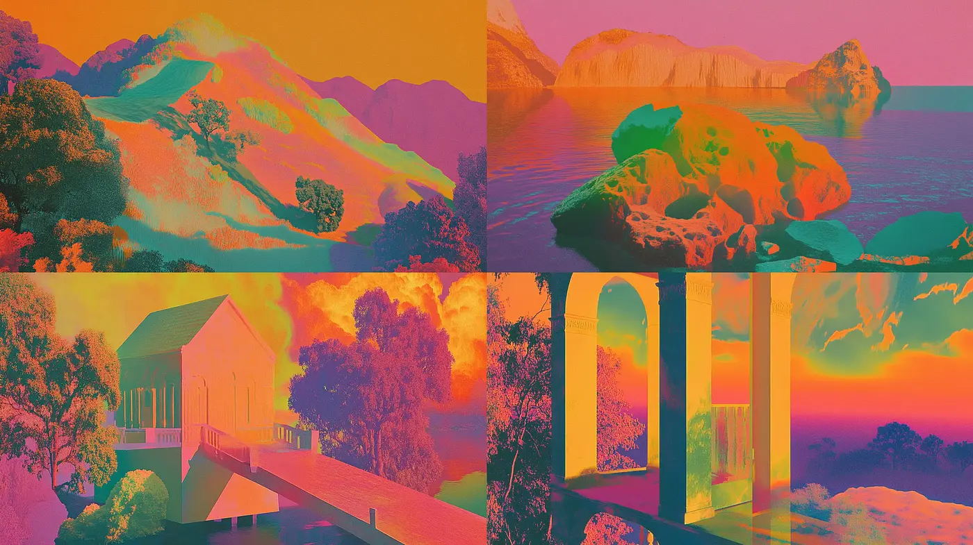 Surreal Chromatic Landscapes: Synthesized Fusion of Neon and Pastel Hues - Midjourney sref style