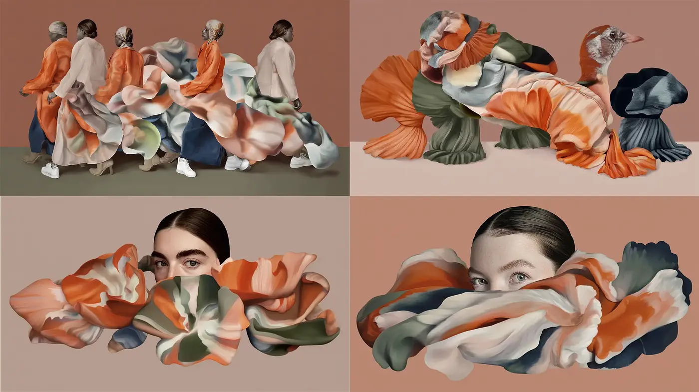 Contemporary artistic interpretation with surreal floral motifs and soft textures - Midjourney sref style