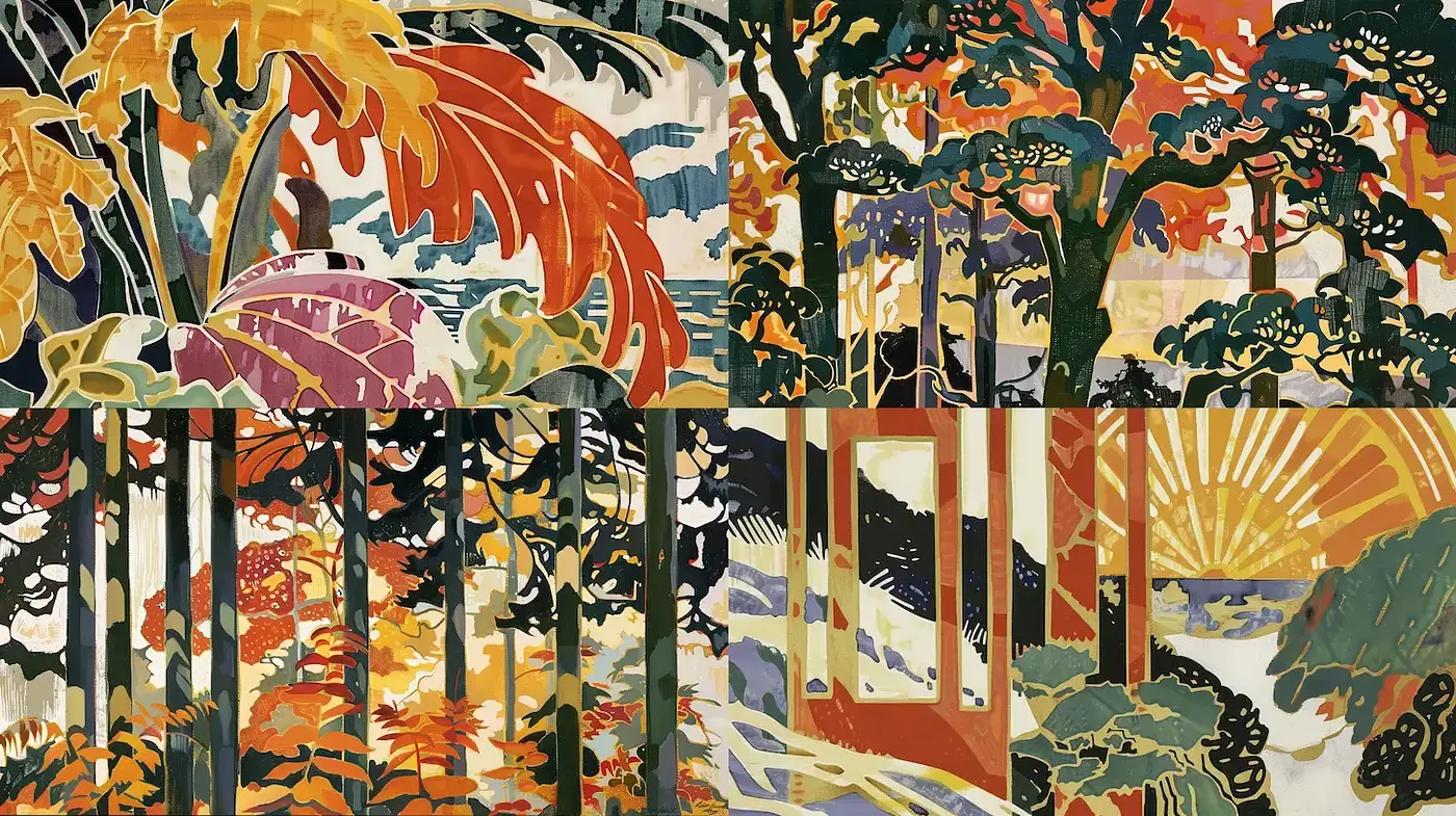Ethereal Nature Tapestry in Stylized Ukiyo-e Tradition - Midjourney sref style