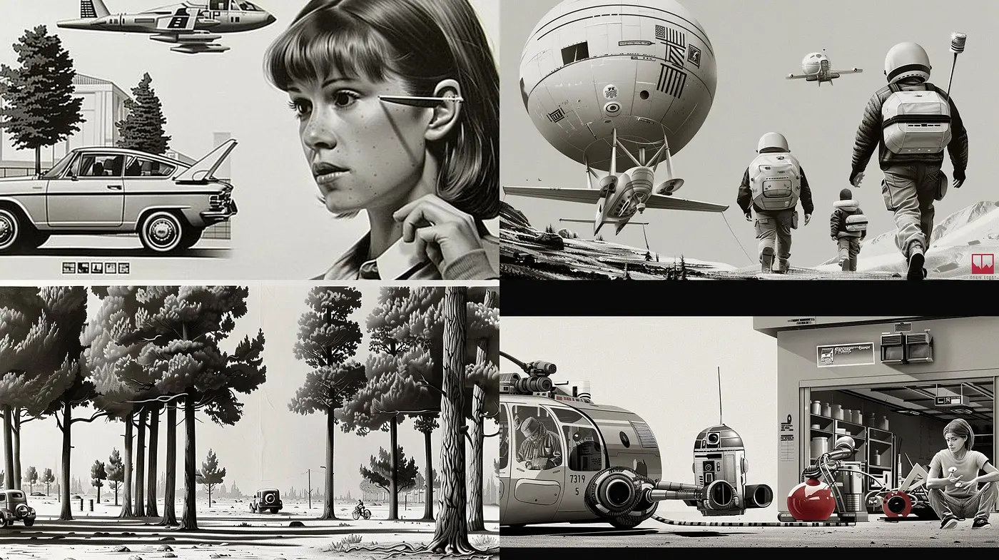 Monochromatic Retrofuturism: A Nostalgic Blend of Classic Sci-Fi and Vintage Realism - Midjourney sref style