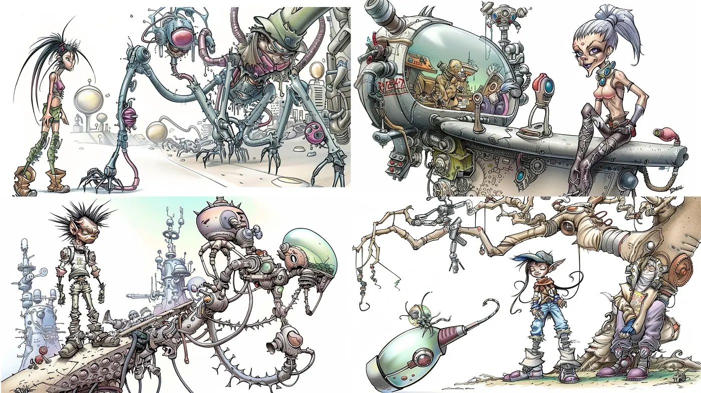 Mechanical Oasis: A Fusion of Whimsical Steampunk and Biomechanical Surrealism - Midjourney sref style