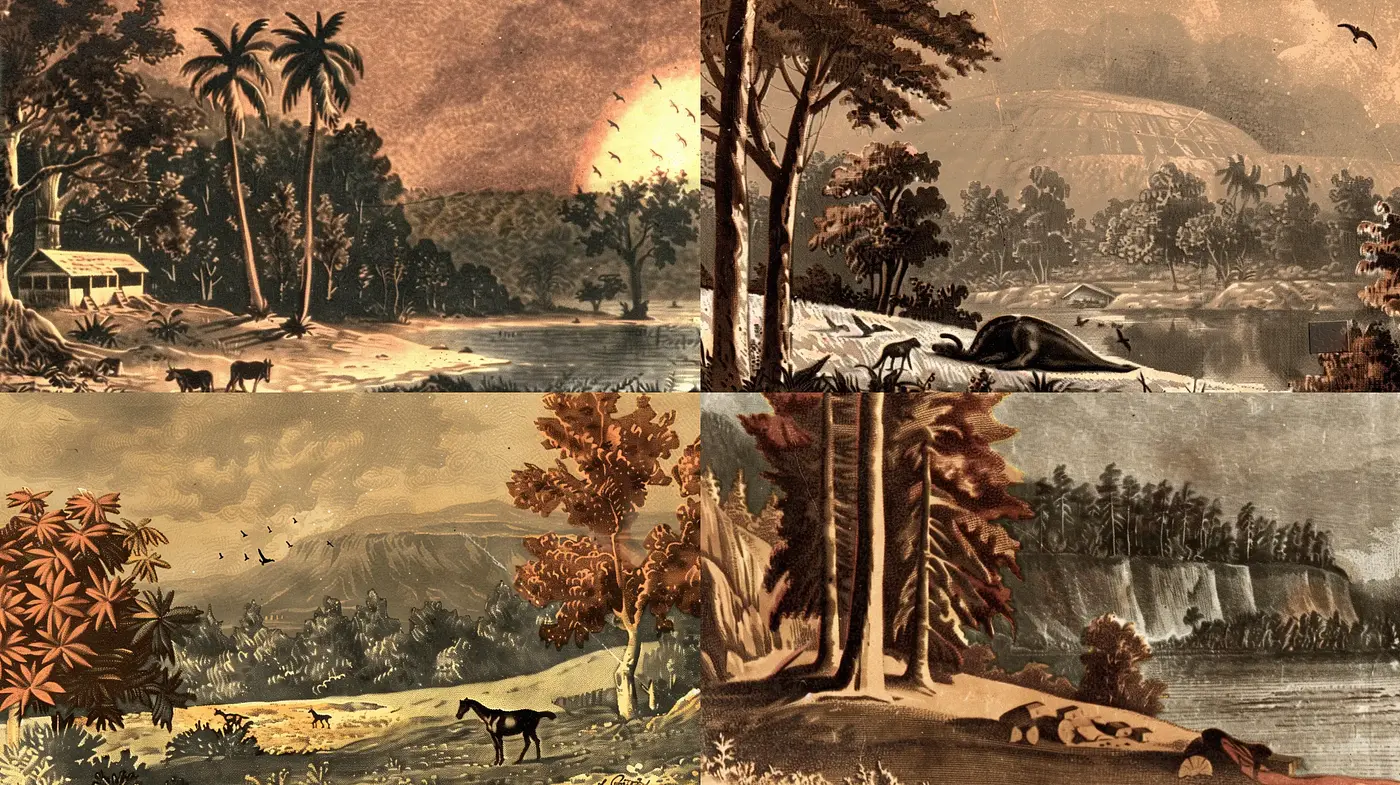 Serene Wilderness of Yesteryear: A Romanticized Natural Tableau - Midjourney sref style