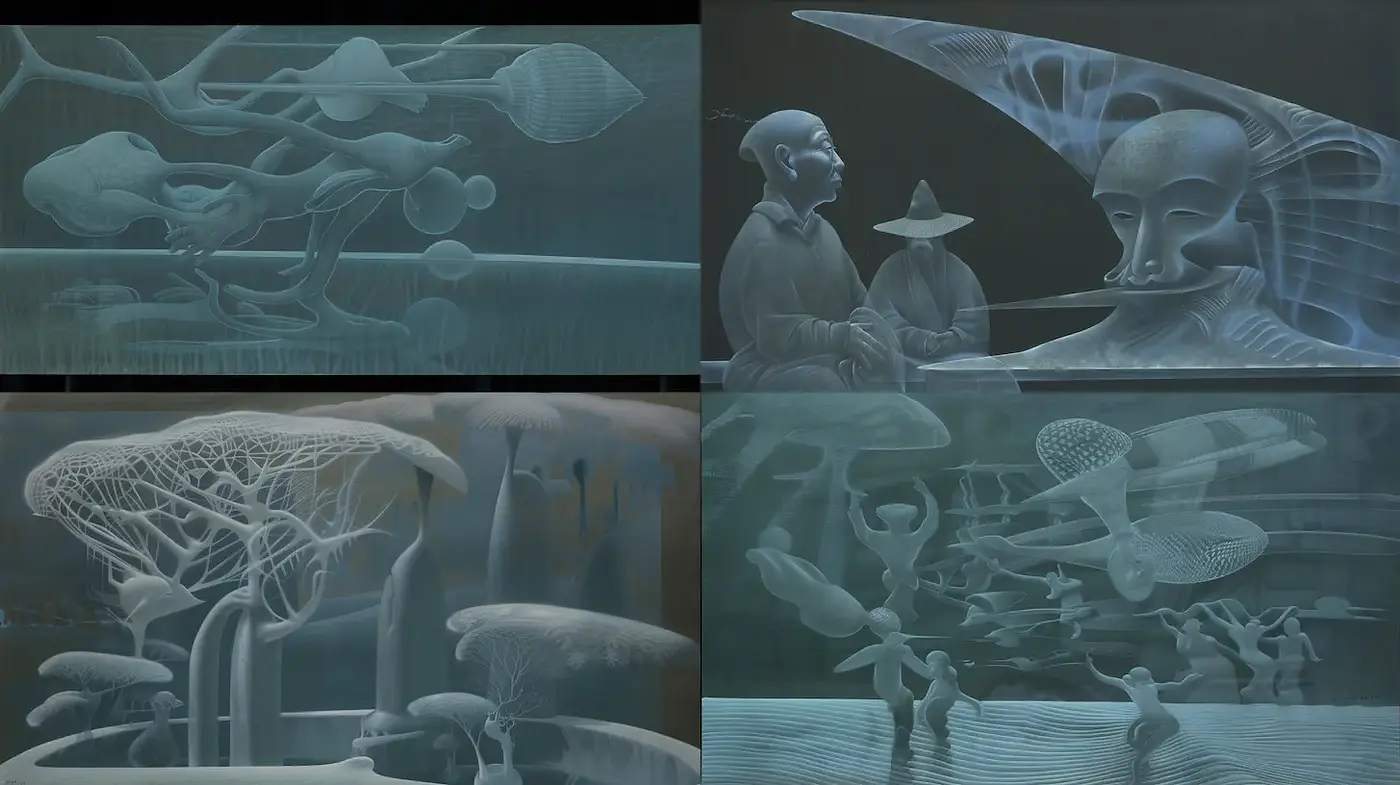 Futuristic Ethereal Landscapes with Surreal Elements - Midjourney sref style