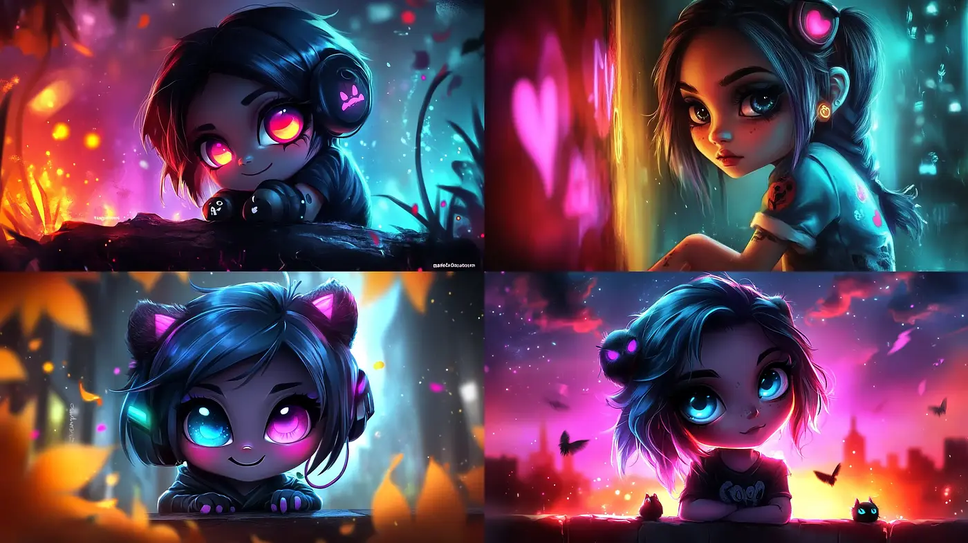 Luminous Dreamscape: A Fusion of Vibrant Neon and Chibi Character Art - Midjourney sref style
