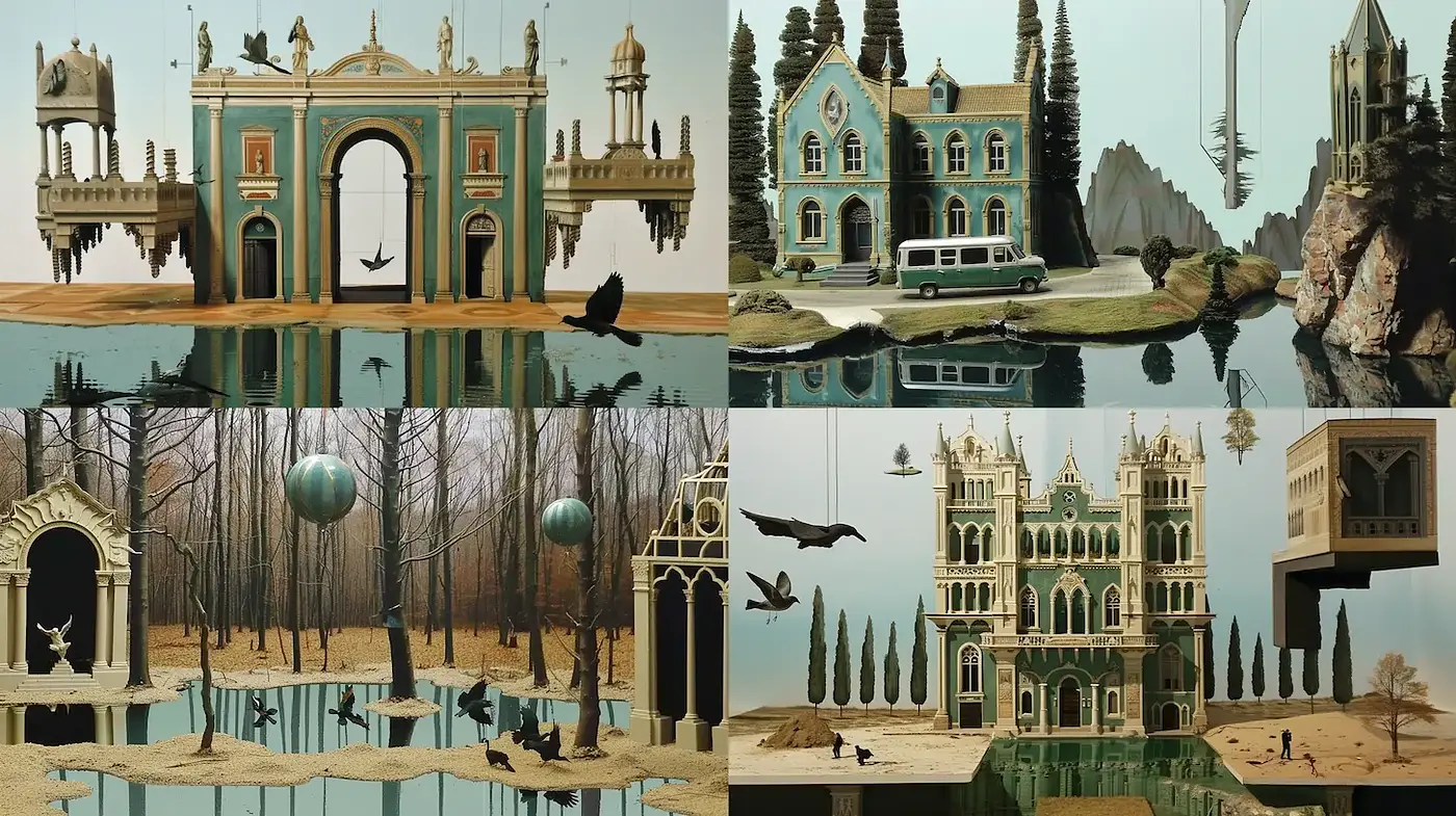 Surreal Architectural Landscapes with a Dreamlike Quality - Midjourney sref style