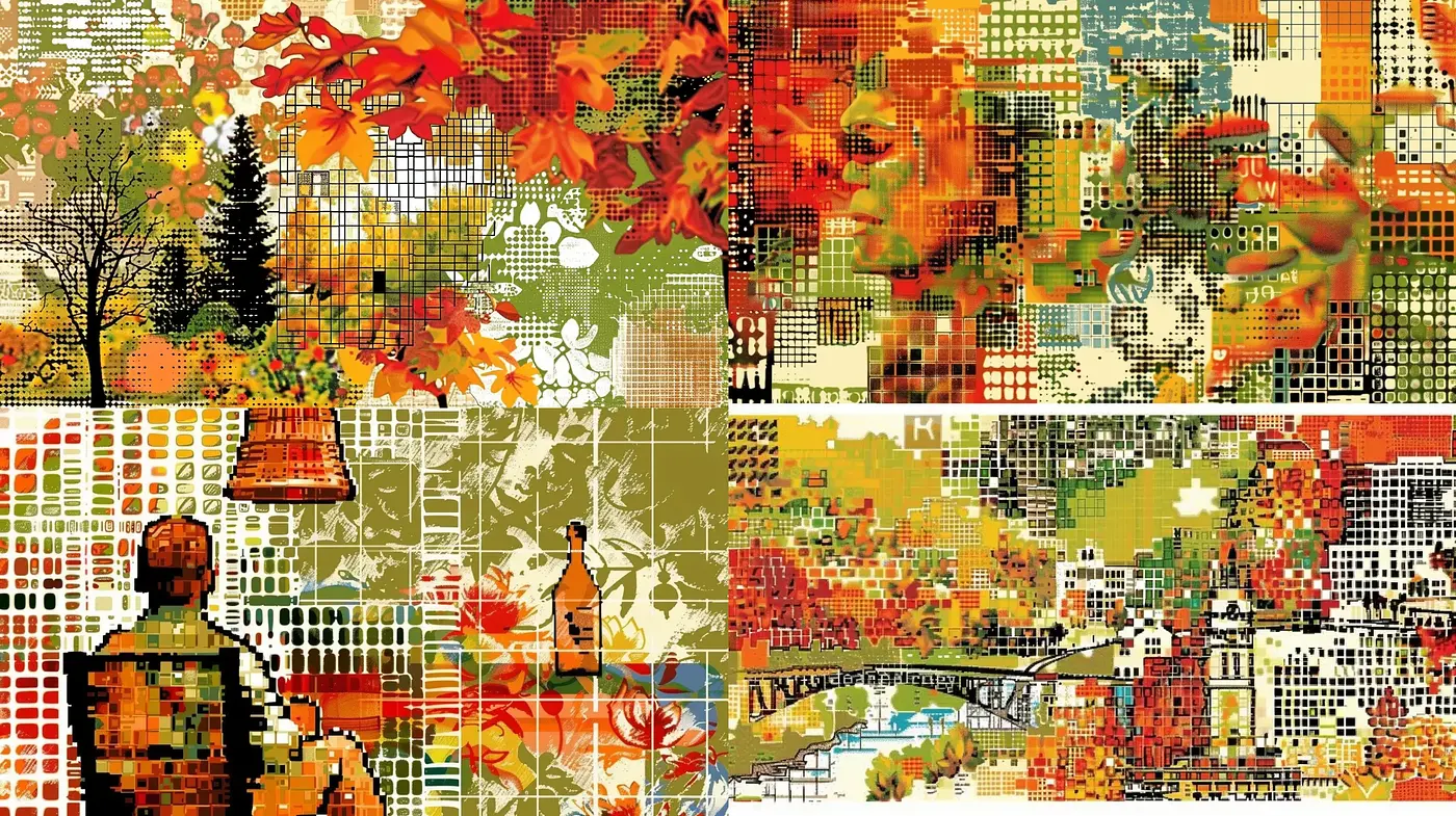 Autumnal Mosaic: A Tapestry of Pixelated Warmth and Geometric Abstraction - Midjourney sref style