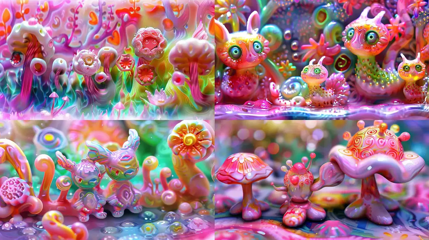 Playful and Whimsical Fantasy in a Vivid, Dreamlike Environment - Midjourney sref style