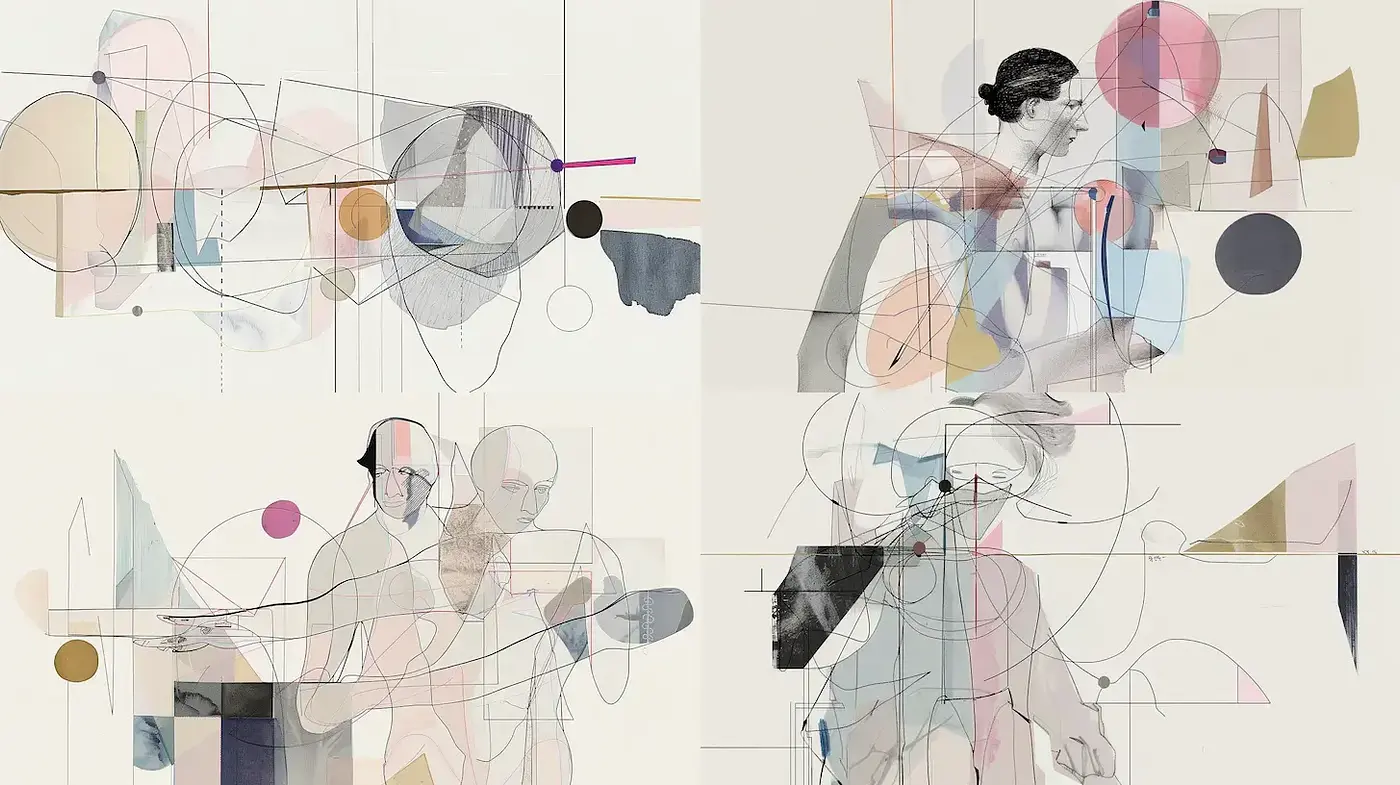 Geometric Abstraction with a Soft Color Palette and Figurative Elements - Midjourney sref style