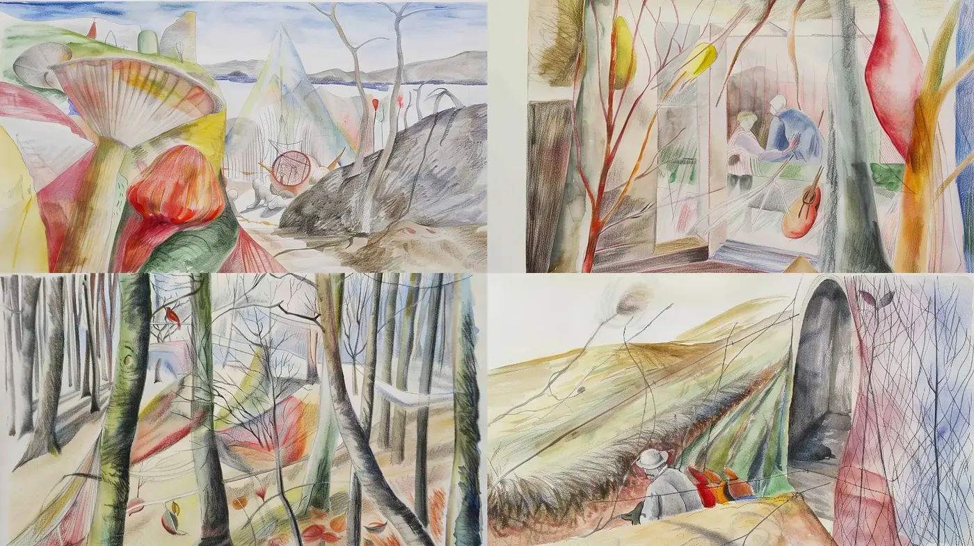 Ethereal Natural Landscapes with Watercolor Washes and Pencil Contours - Midjourney sref style