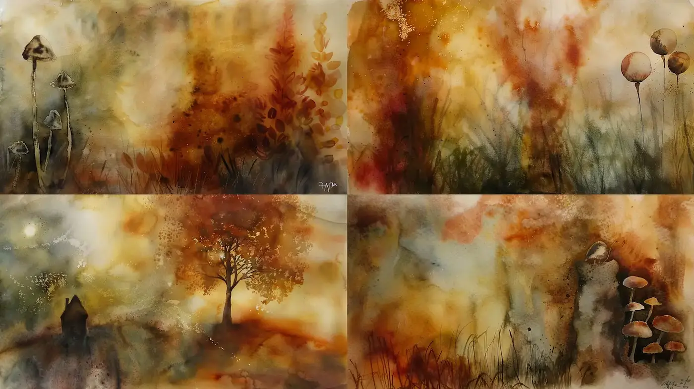 Warm and Ethereal Watercolor Landscapes with Natural Themes - Midjourney sref style
