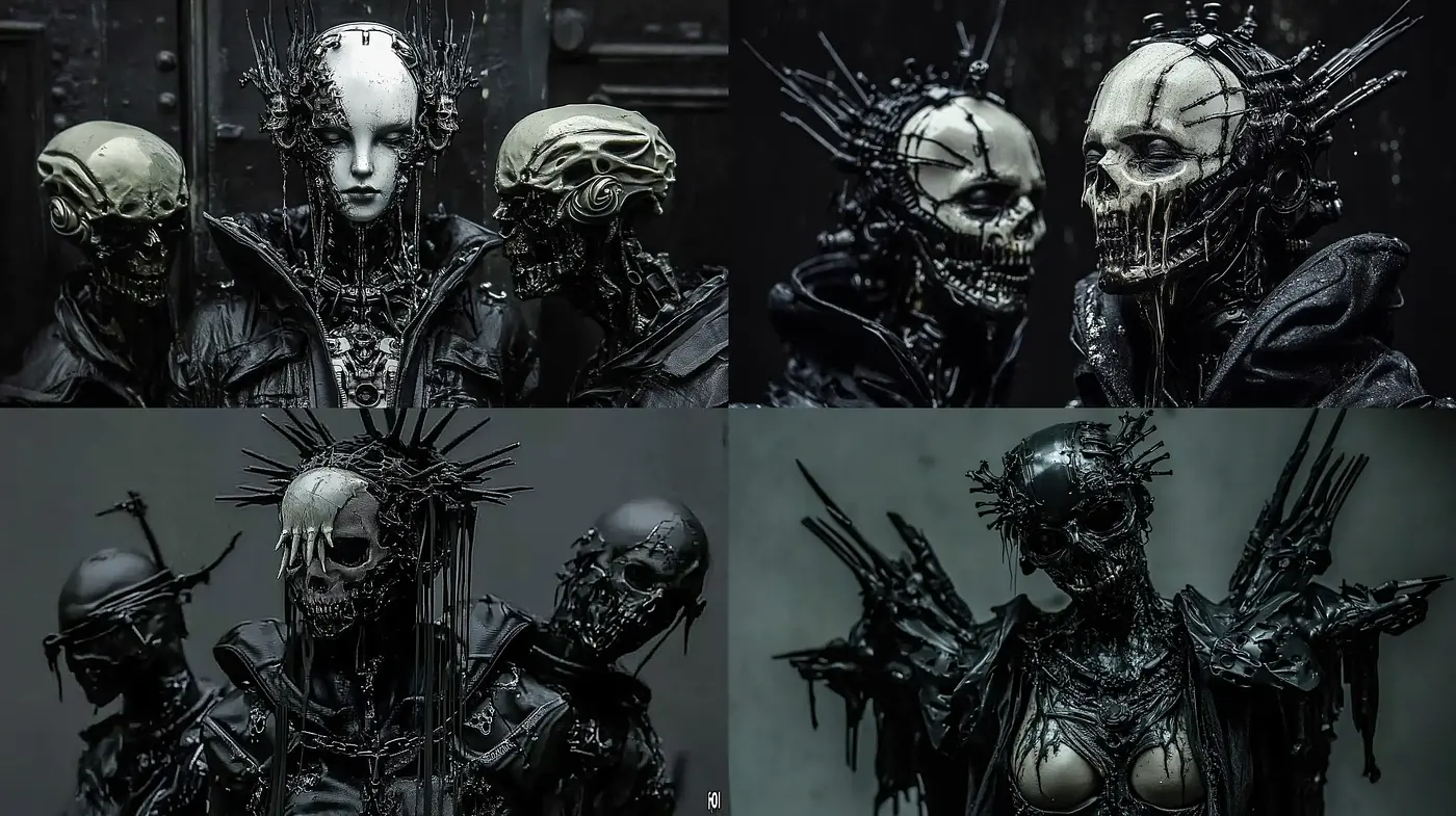 Dystopian Cybernetic Elegance with a Monochromatic Gothic Ambience - Midjourney sref style