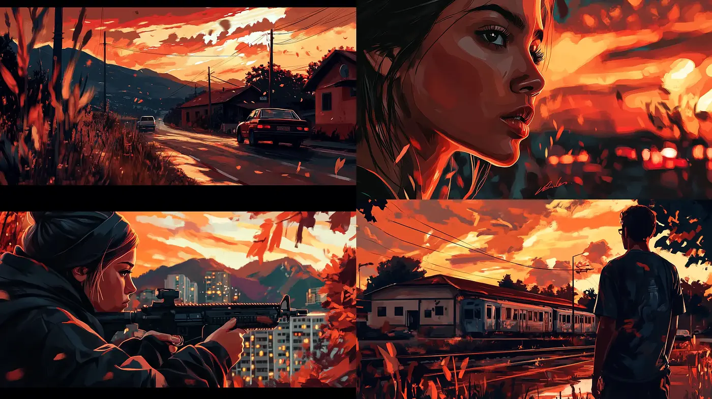 Crimson Dusk: A Cohesive Exploration of Twilight Hues and Bold Contours - Midjourney sref style