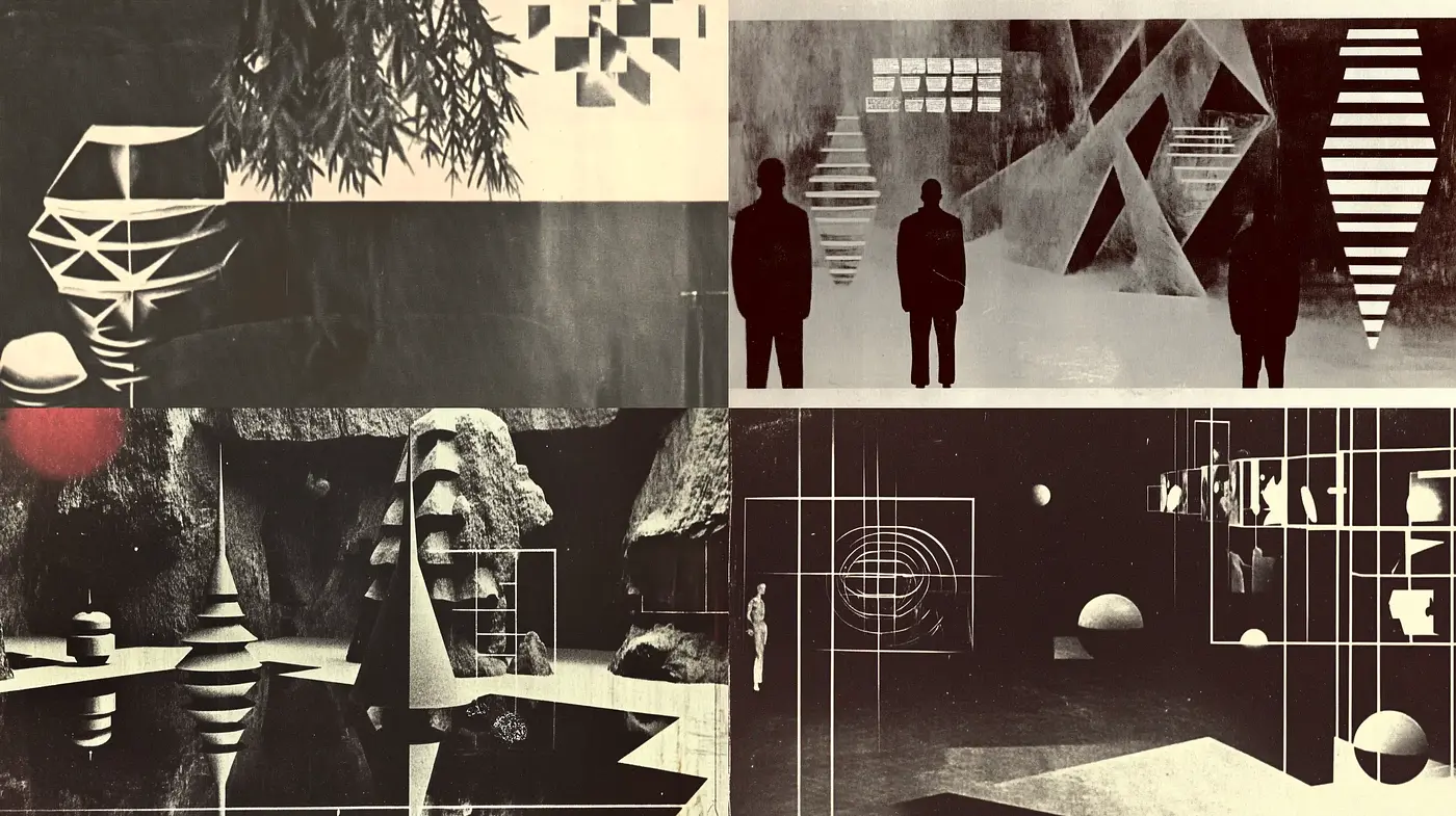 Monochromatic Retrofuturistic Collage - Midjourney sref style