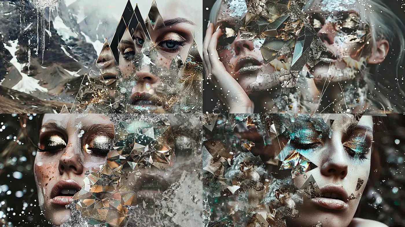 Fragmented Elegance: A Fusion of Surrealism and Photorealism in Portraiture - Midjourney sref style