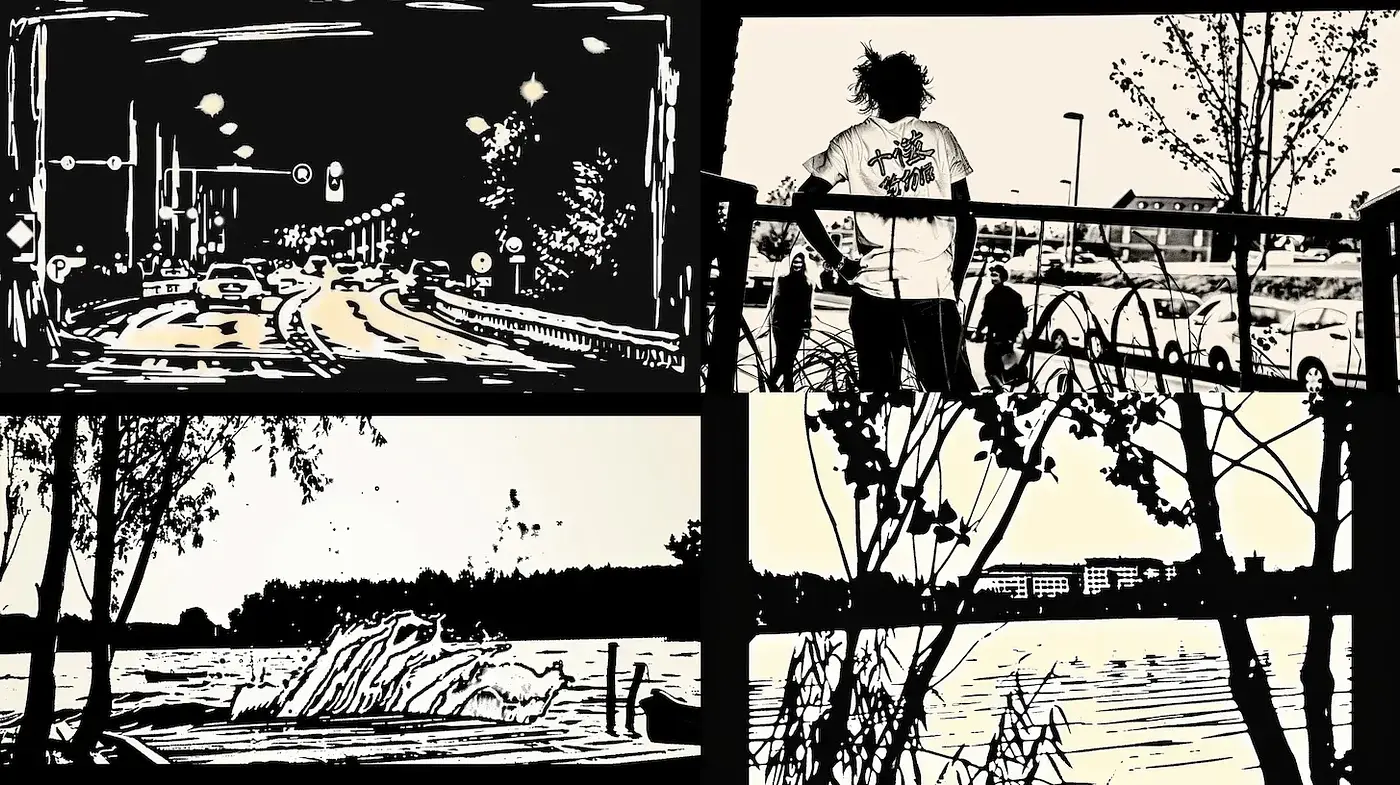 Stylized monochromatic landscapes with a vintage urban touch - Midjourney sref style