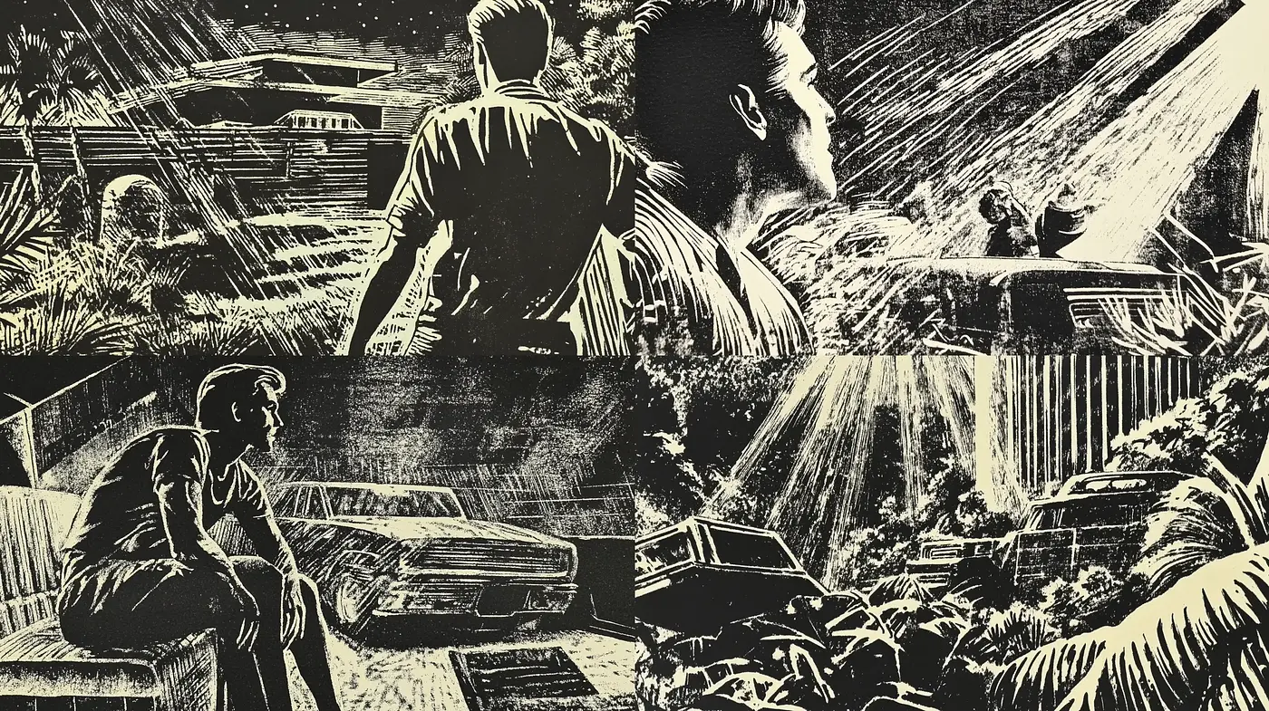 Graphic Novel Inspired Monochromatic Narrative Vignettes - Midjourney sref style