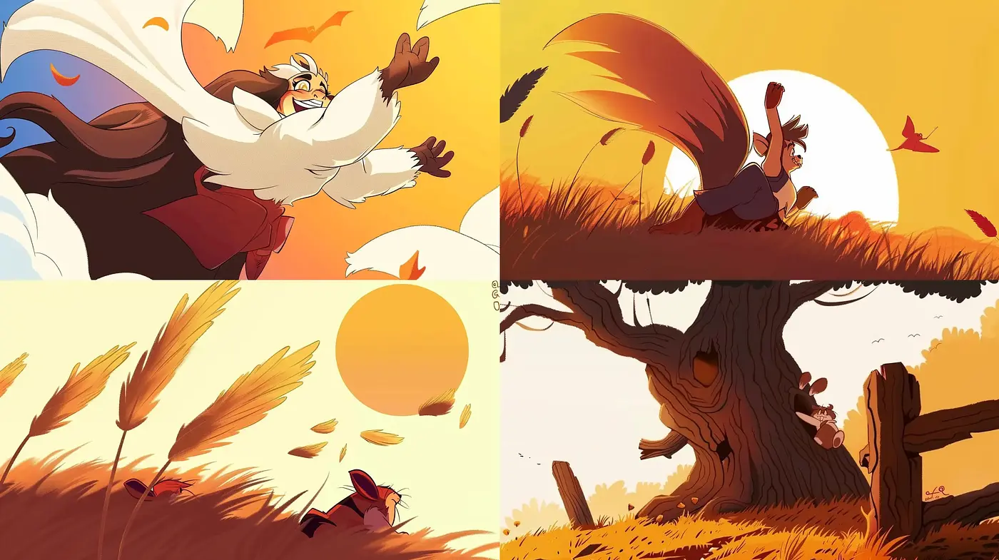Sunset Hues and Dynamic Silhouettes: A Study in Stylized Natural Warmth - Midjourney sref style