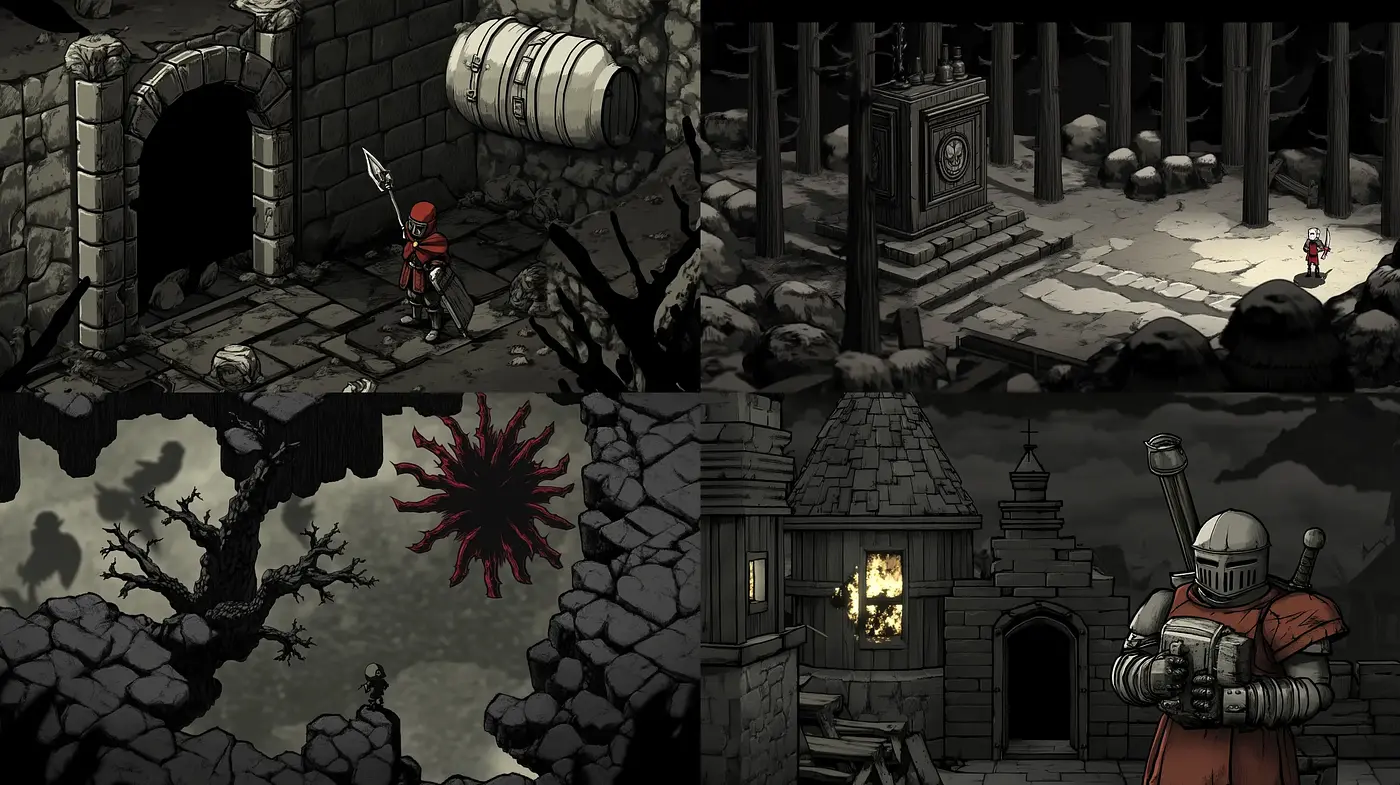 Stark Monochromatic Fantasy with a Splash of Red Accent - Midjourney sref style