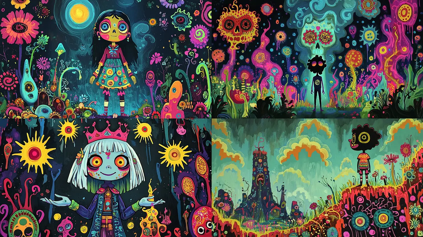 Psychedelic Dreamscape with Vibrant Surreal Imagery - Midjourney sref style