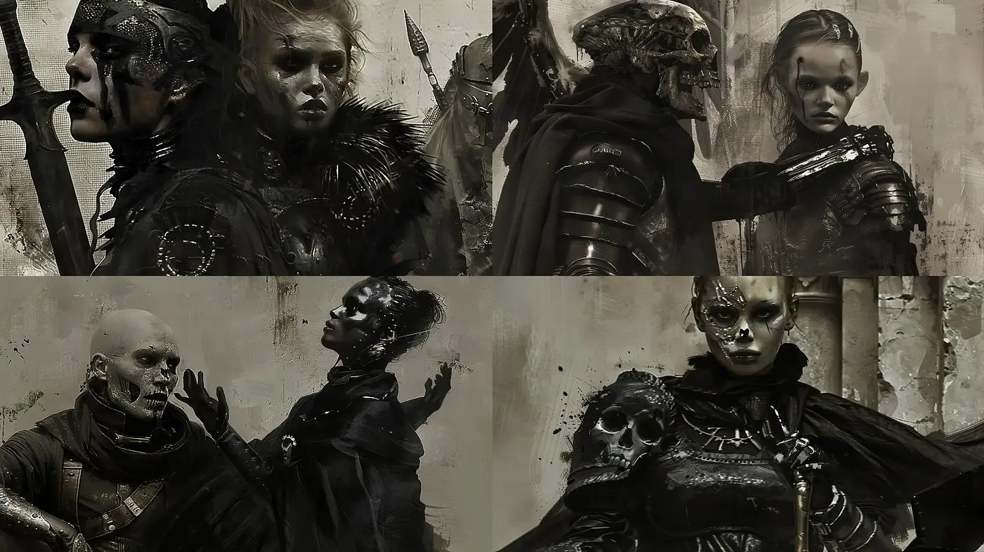 Monochromatic Macabre: A Synthesized Fusion of Dark Fantasy and Gothic Elements - Midjourney sref style
