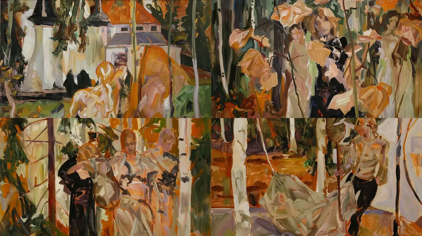 Whimsical Brushstrokes in a Harmonious Autumnal Tableau - Midjourney sref style