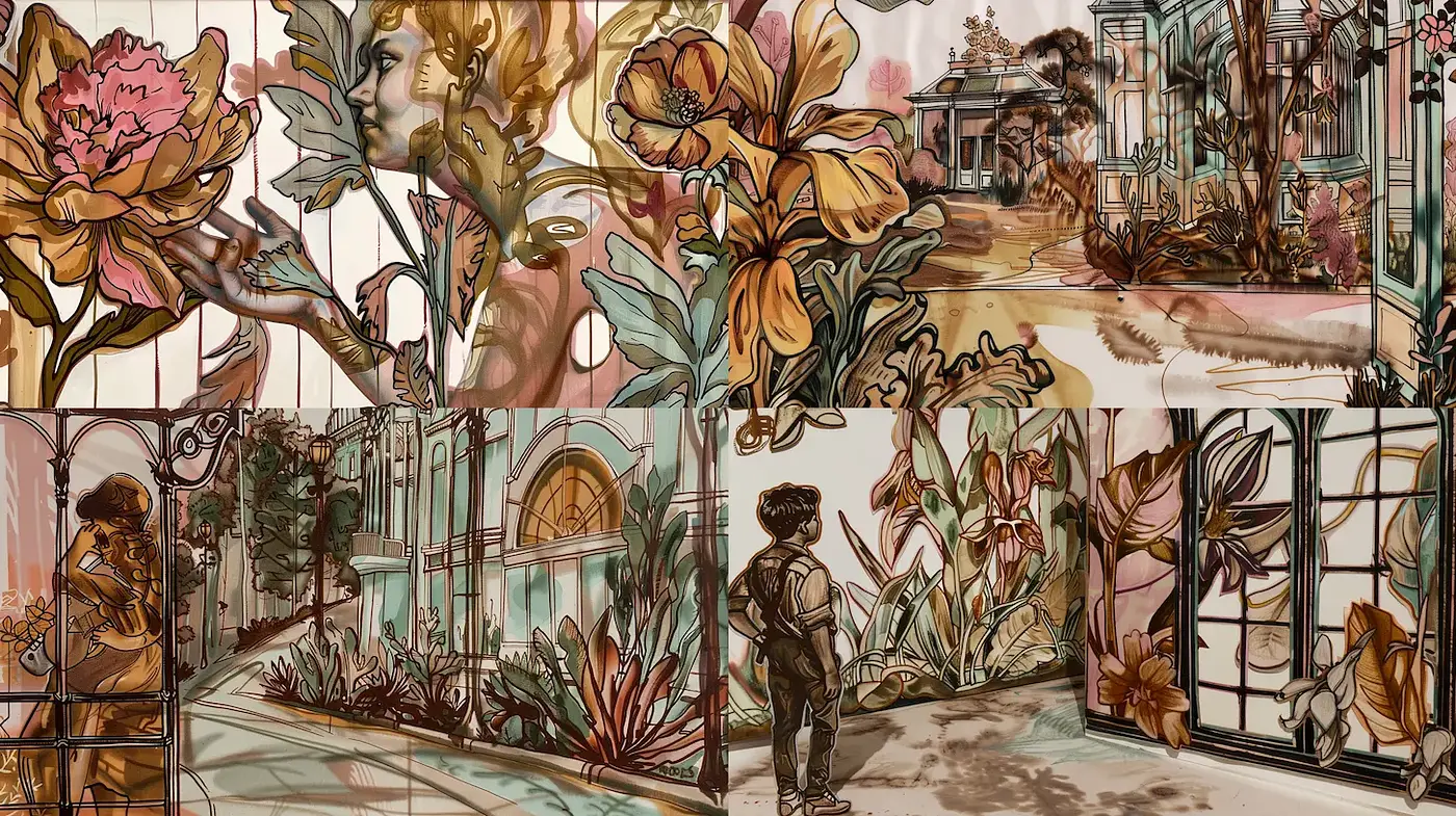 Whimsical Vintage Floral Narrative Art with a Dreamy Atmosphere - Midjourney sref style