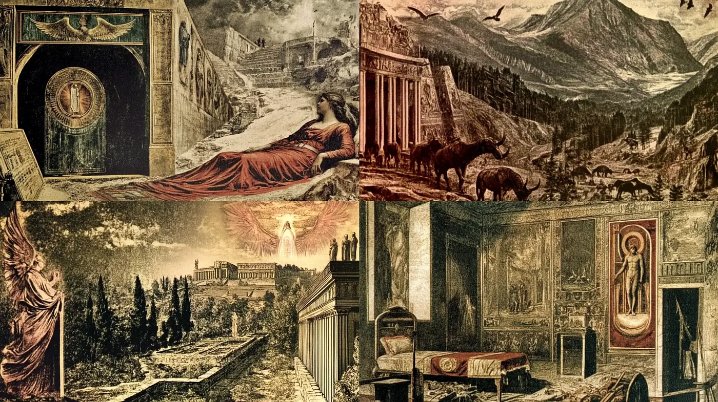 Ethereal Echoes of Antiquity: A Harmonious Fusion of Classical Art and Surreal Textures - Midjourney sref style