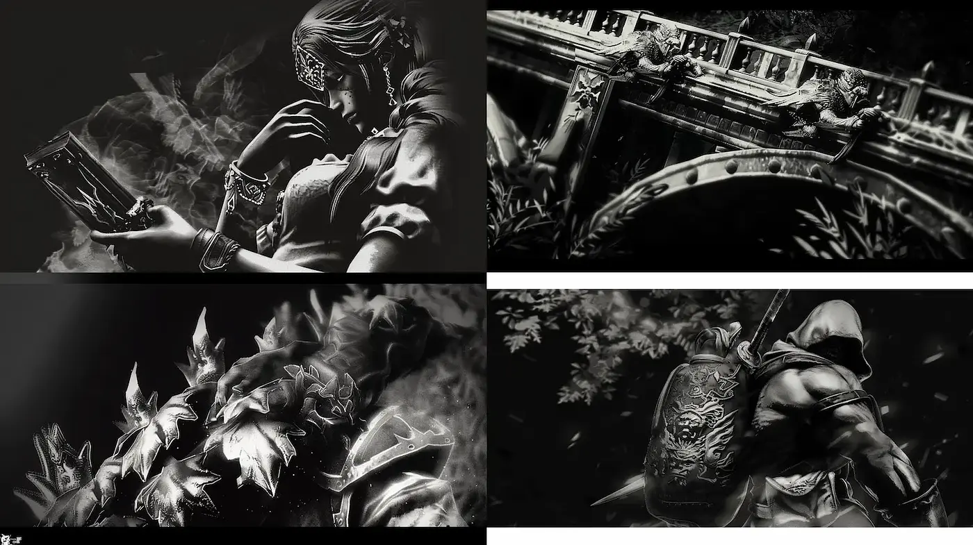 Dramatic monochrome scenes with a fantasy influence - Midjourney sref style