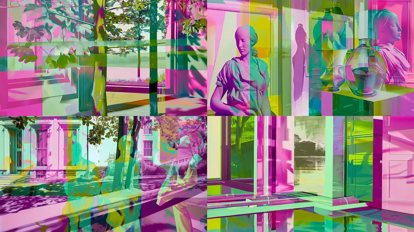Vibrant and Abstract Architectural Landscape with Figurative Elements - Midjourney sref style