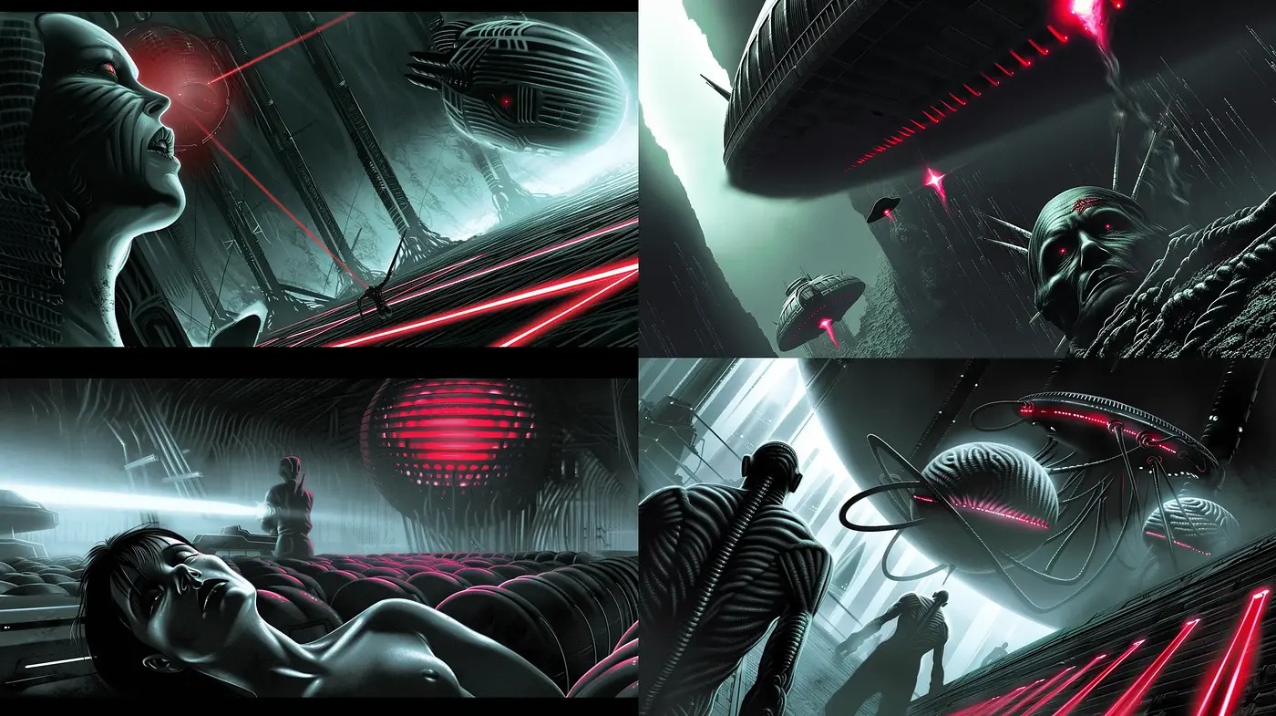 Futuristic Noir Echoes: A Synthesis of Cybernetic Aesthetics & Neon Contrast - Midjourney sref style