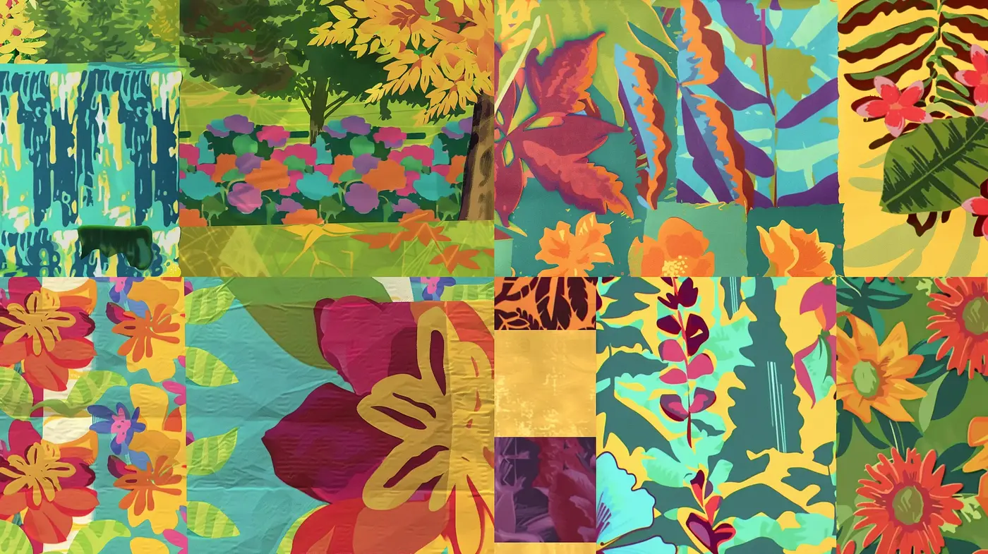 Patchwork Nature Symphony: A Vibrant Digital Mosaic of Florals and Fauna - Midjourney sref style