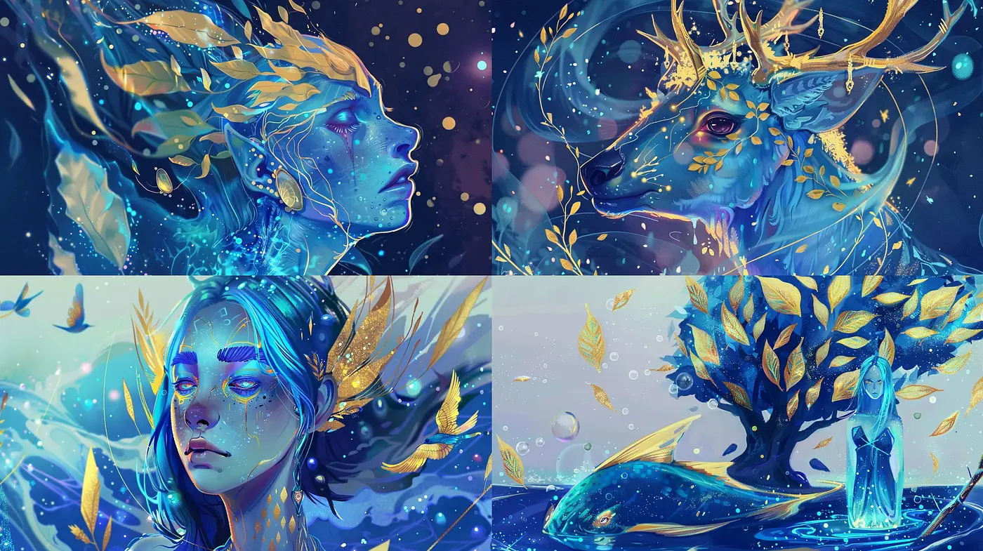 Ethereal Azure Dreamscape: An Artistic Fusion of Myth and Cosmic Wonder - Midjourney sref style