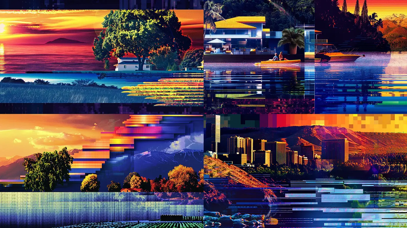Digital Glitch Sunset: A Harmonious Blend of Divergent Pixels and Vibrant Dusk Hues - Midjourney sref style