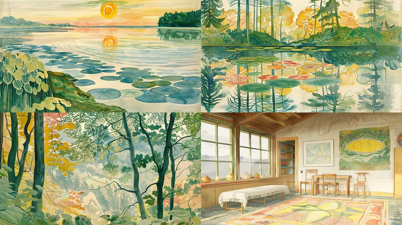 Serene Nature Rendered Through Stylized Pastoral Watercolor - Midjourney sref style
