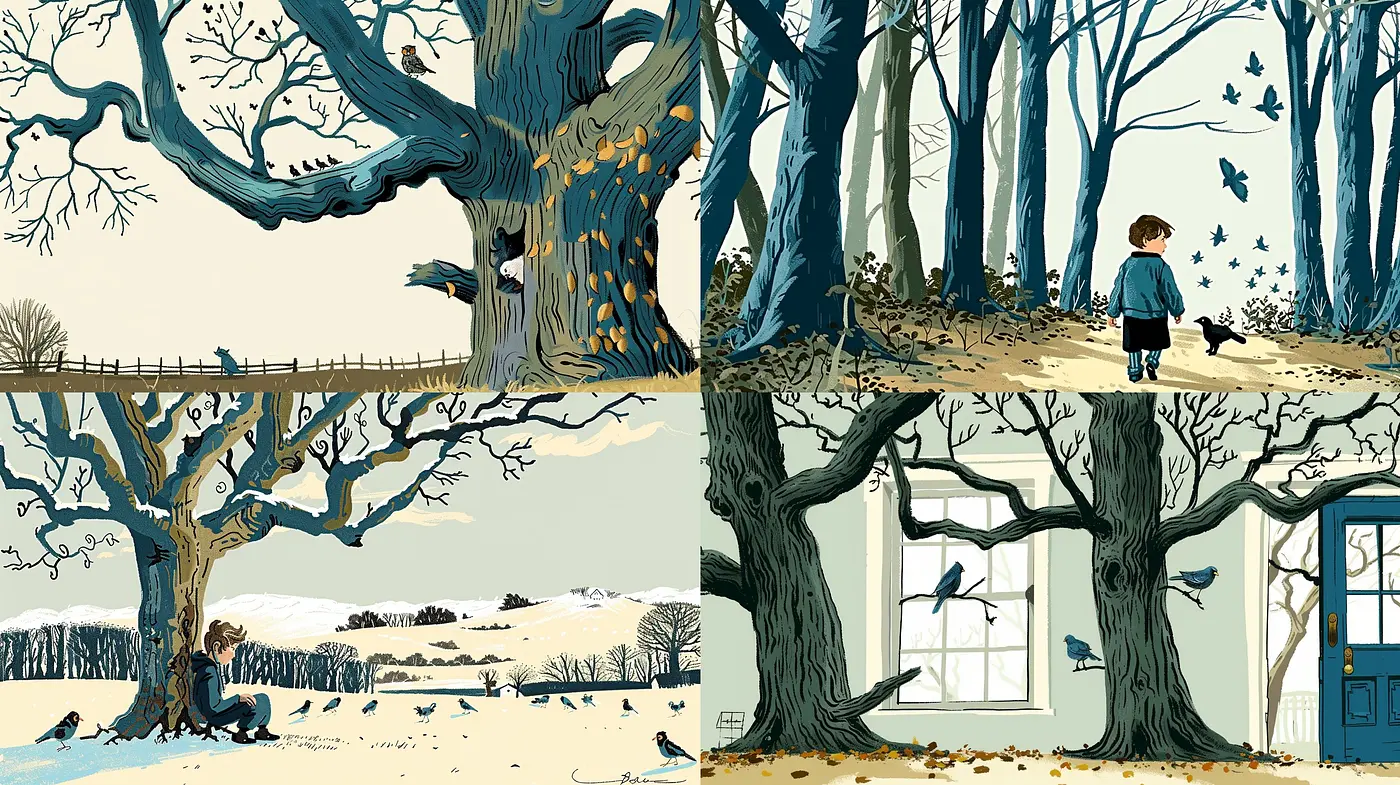 Whimsical Serenity: Contrasting Nature with Calm, Storybook Hues and Textures - Midjourney sref style