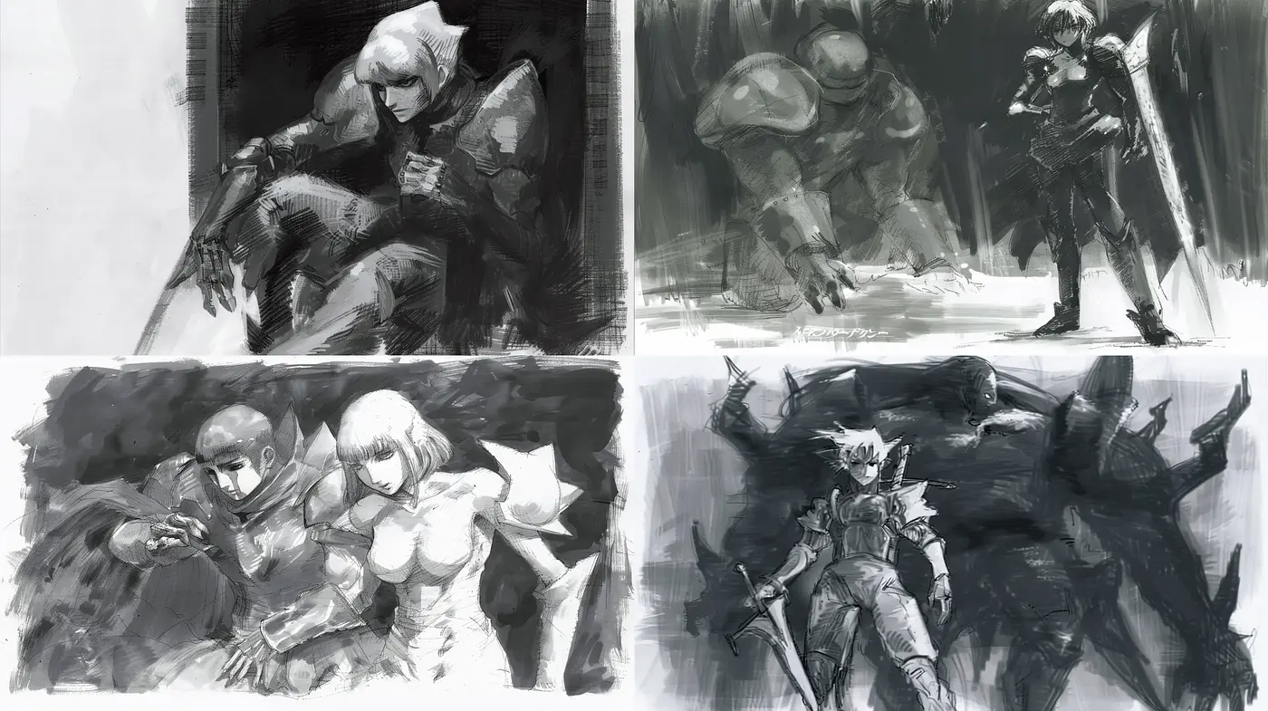 Monochromatic Brushstroke Visuals with a Dynamic and Mysterious Aura - Midjourney sref style