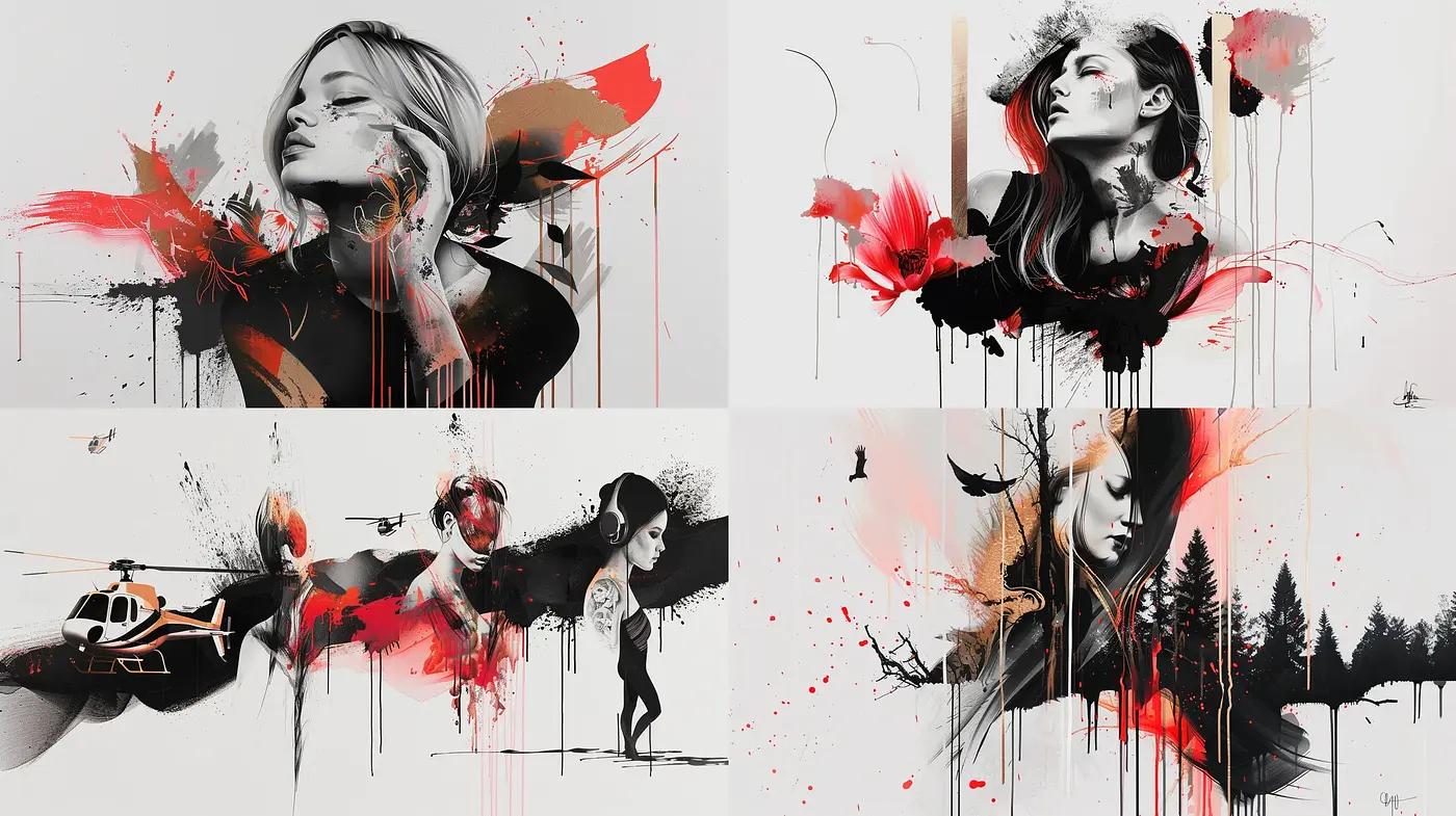 Monochrome Elegance with Dramatic Red Splashes and Abstract Elements - Midjourney sref style