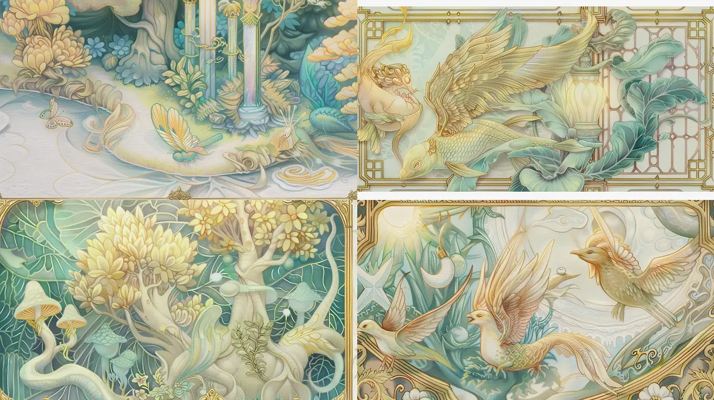 Ethereal Botanical Dreamscape with Mythical Creatures - Midjourney sref style