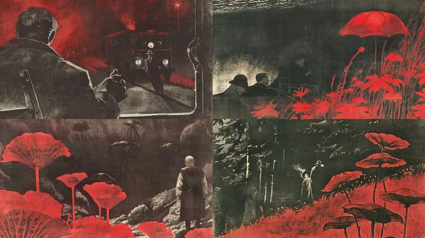Surrealistic homage blending dark themes with vivid red botanical elements - Midjourney sref style