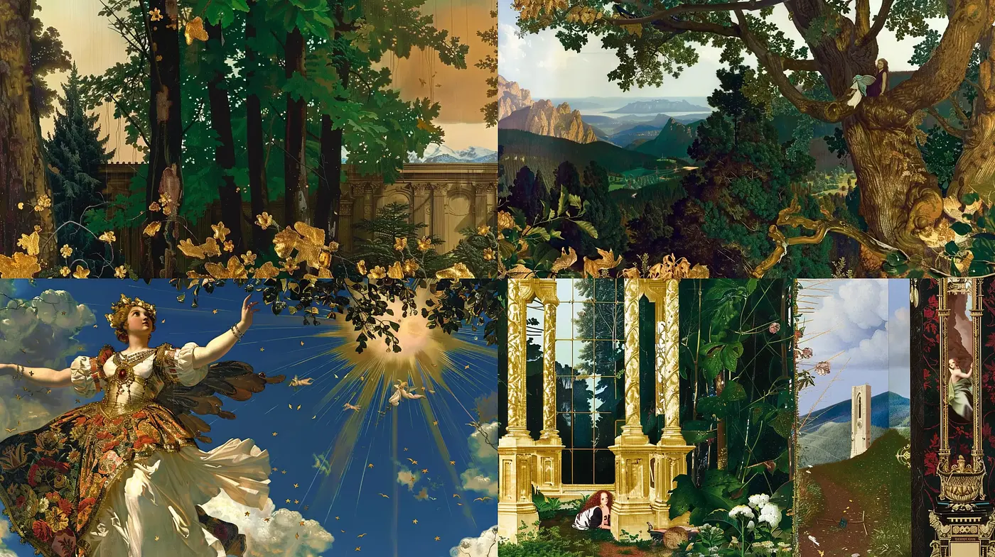 Enigmatic Golden-Age Pastoral Scenes with Luminous and Dramatic Overtones - Midjourney sref style
