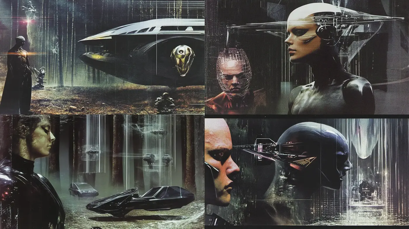 Futuristic Noir Dreamscape: A Synthesis of Cyberpunk and Dark Ambiance - Midjourney sref style