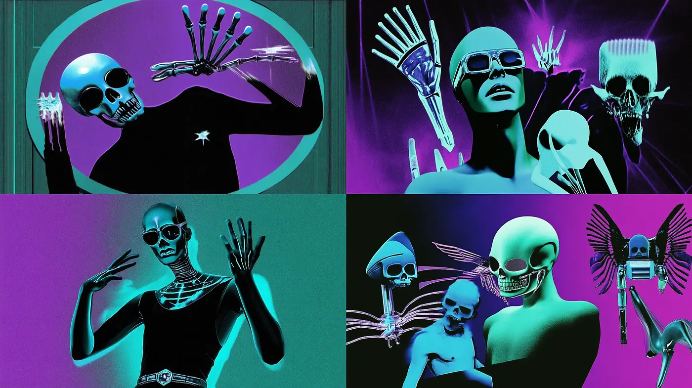 Neon Cyber Skeletons: A Fusion of Digital Artistry and Surrealism - Midjourney sref style