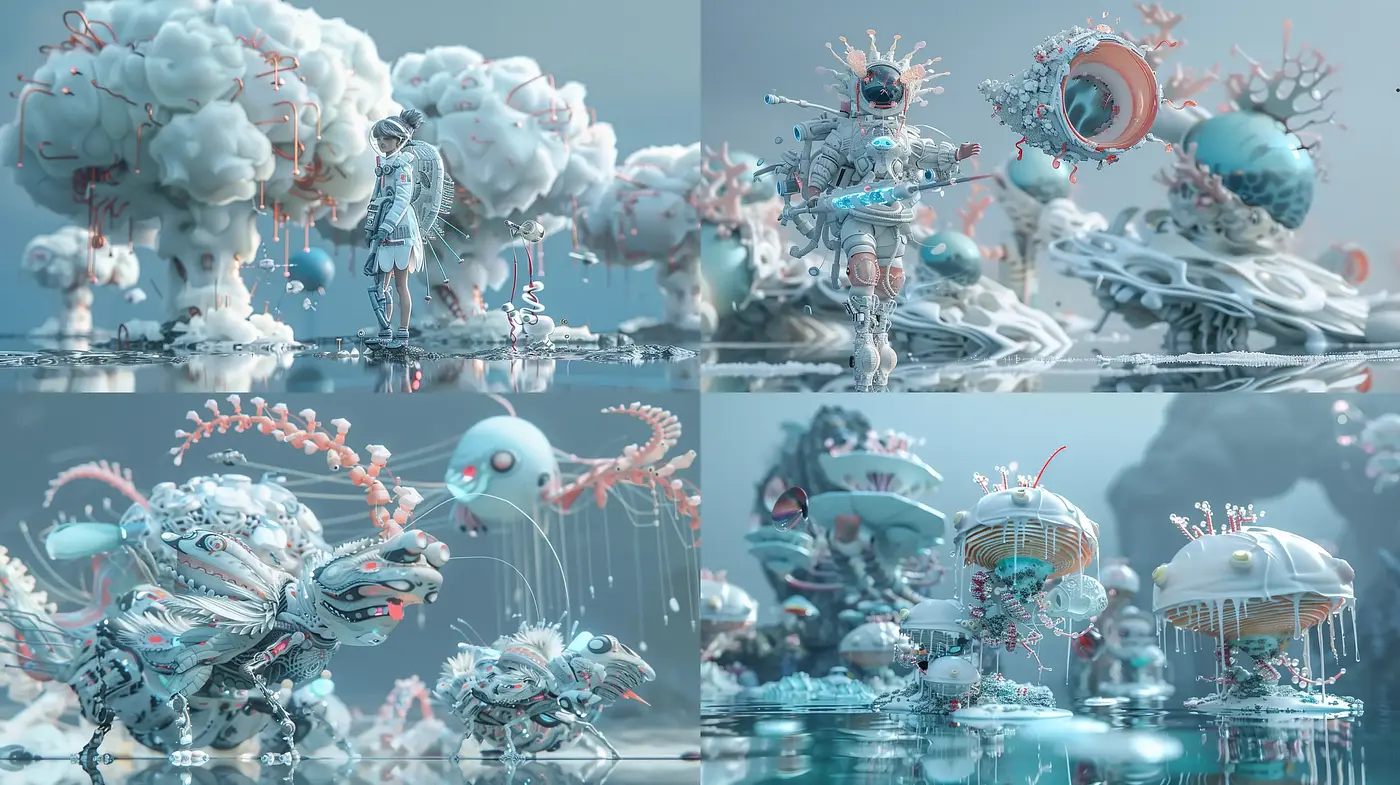 Ethereal Aquatic Dreamscape with Surreal Biomechanical Forms - Midjourney sref style