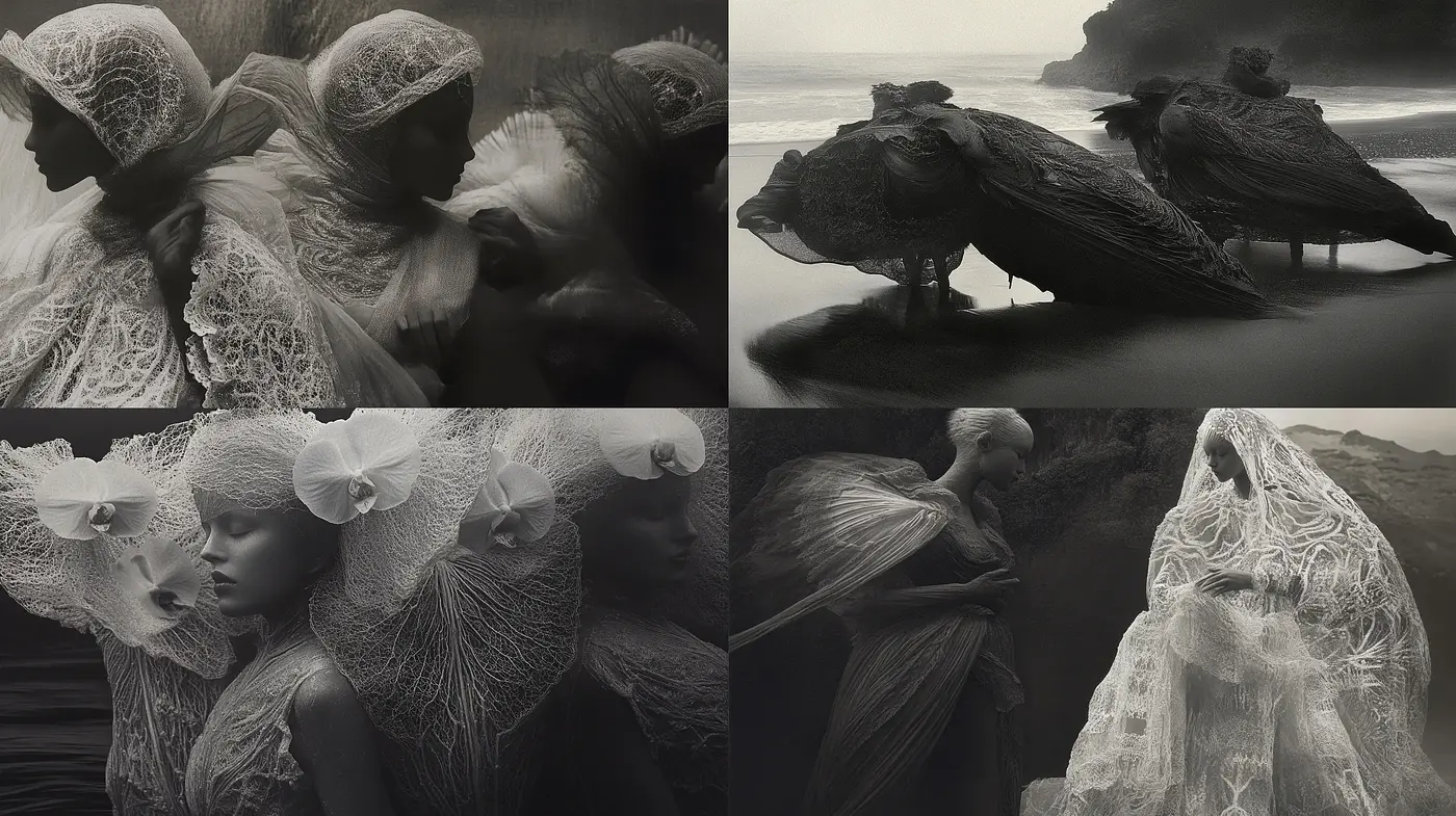 Ethereal Monochromatic Visions: A Study in Textured Grayscale Photography - Midjourney sref style
