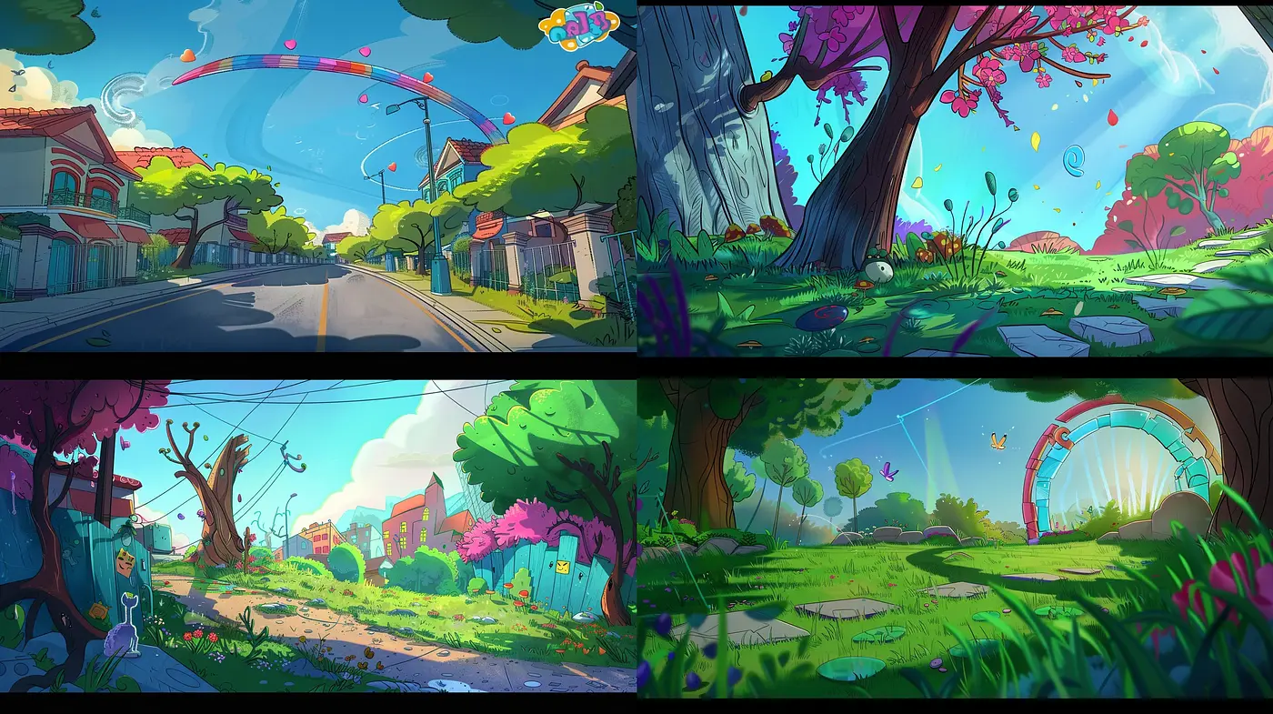 Saturated Storybook Dreamscape: A Harmonious Blend of Vivid Hues and Whimsical Lines - Midjourney sref style