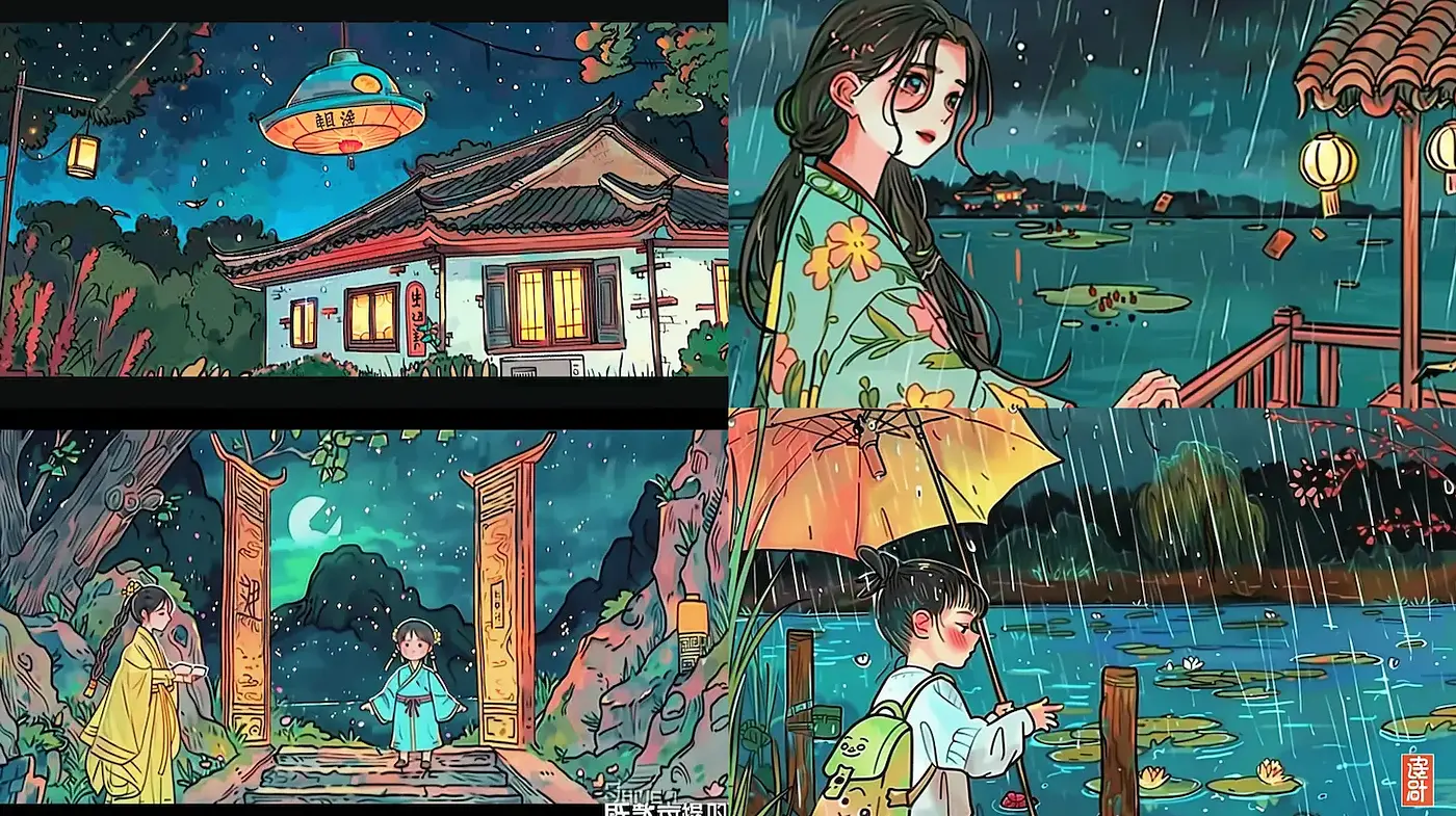 Whimsical and Ethereal Atmosphere in Colorful Storybook Settings - Midjourney sref style